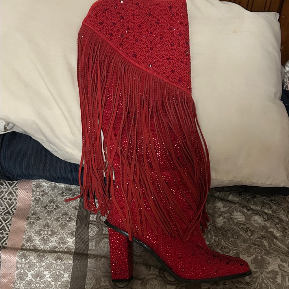 Jessica Simpson Sparkling Red Fringe Heeled Boots